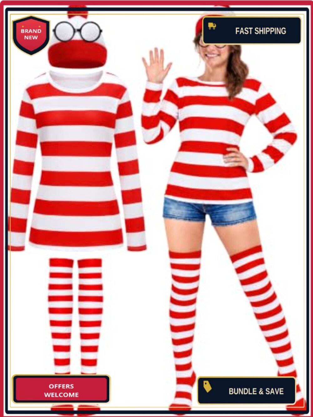 4 PCS Halloween Costume Set Adult Striped Shirt Hat Socks Cosplay Party